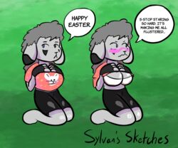  6:5 anthro blush bra clothed clothing easter female fur fur_markings grey_body grey_fur holidays klein_(sylvan&#039;s_sketches) lagomorph leporid mammal markings rabbit raised_clothing raised_shirt raised_topwear shirt solo speech_bubble sylvan&#039;s_sketches topwear underwear watermark 