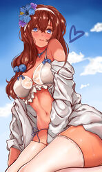  absurdres aratako_(crimson015) bad_id bad_pixiv_id bare_shoulders bikini blue_eyes blue_sky blush breasts brown_hair closed_mouth collarbone commentary_request fate/grand_order fate_(series) female flower hair_flower hair_ornament hairband highres jacket jewelry large_breasts long_hair long_sleeves looking_at_viewer mata_hari_(fate) navel necklace off_shoulder open_clothes open_jacket sitting sky smile solo swimsuit thighhighs thighs wariza white_bikini white_jacket white_thighhighs 