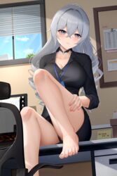  bare_legs barefoot black_choker black_jacket black_panties black_skirt blue_sky blush breasts bronya_zaychik bronya_zaychik_(silverwing:_n-ex) bulletin_board chair choker cleavage closed_mouth crossed_bangs drill_hair feet female foot_out_of_frame grey_eyes grey_hair highres honkai_(series) honkai_impact_3rd id_card indoors jacket knee_up lanyard large_breasts legs long_hair long_sleeves looking_at_viewer lrh0123 monitor nail_polish office office_chair office_lady orange_nails panties skirt sky solo sticky_note swivel_chair table toenail_polish toenails toes twin_drills underwear upskirt very_long_hair 