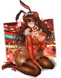  ? alternate_costume animal_ears aratako_(crimson015) blue_eyes blush breasts brown_hair brown_pantyhose closed_mouth commentary_request elbow_gloves fate/grand_order fate_(series) female fingerless_gloves flower gloves hair_between_eyes hair_flower hair_ornament hand_on_own_chest heart highres large_breasts leotard long_hair looking_at_viewer mata_hari_(fate) pantyhose playboy_bunny rabbit_ears red_gloves red_leotard sitting solo spoken_question_mark thighband_pantyhose wariza 