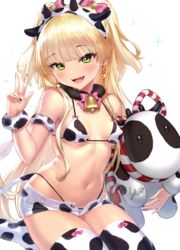  :d animal_ears animal_print artist_name bell black_nails blonde_hair blush bow bowtie breasts chinese_zodiac commentary_request cow_ears cow_horns cow_print cowbell earrings fake_animal_ears fake_horns fangs female fur_trim green_eyes hand_up heart heart_earrings highres holding holding_stuffed_toy horns idolmaster idolmaster_cinderella_girls jewelry jougasaki_rika long_hair looking_at_viewer nail_polish navel no_shoes open_mouth partial_commentary pink_hair short_shorts shorts signature simple_background sitting small_breasts smile solo stuffed_animal stuffed_cow stuffed_toy thighhighs thighs two_side_up w wariza white_background white_shorts white_thighhighs yapo_(croquis_side) year_of_the_ox 