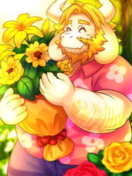  2021 3:4 anthro asgore_dreemurr beard belly big_belly boss_monster_(undertale) bottomwear bovid caprine closed_eyes clothing facial_hair flower fur hi_res kemono lako male mammal overweight overweight_male pants plant shirt solo topwear undertale undertale_(series) white_body white_fur 