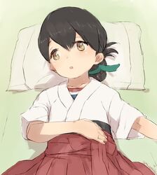  alchera black_hair blue_ribbon brown_eyes commentary_request cowboy_shot dougi female folded_ponytail hair_ribbon hakama hakama_short_skirt hakama_skirt japanese_clothes kantai_collection kasuga_maru_(kancolle) long_hair lying pillow red_hakama ribbon skirt solo swept_bangs 