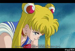  1990s_(style) bishoujo_senshi_sailor_moon blue_eyes choker circlet crescent crescent_earrings crying double_bun earrings elbow_gloves fake_screenshot female gloves hair_bun jewelry letterboxed magical_girl open_mouth retro_artstyle sad sailor_moon sailor_senshi_uniform solo tadano_kazuko_(style) tam_(tam0804) tearing_up translated tsukino_usagi twitter_username upper_body 