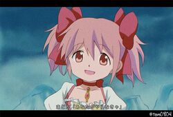  1990s_(style) aoki_ume_(style) bow choker fake_screenshot female hairbow kaname_madoka kaname_madoka_(magical_girl) letterboxed magical_girl mahou_shoujo_madoka_magica mahou_shoujo_madoka_magica_(anime) open_mouth pink_eyes pink_hair puffy_short_sleeves puffy_sleeves retro_artstyle short_sleeves smile solo tam_(tam0804) translated twintails 