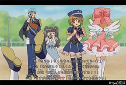  1other 2boys 2girls aqua_hair armor blonde_hair blue_legwear blue_sky blunt_bangs bow brown_hair buttons capelet cardcaptor_sakura cosplay cost crossover daidouji_tomoyo double-breasted dress fake_screenshot frills hat ichigo_hitofuri japanese_armor kinomoto_sakura letterboxed midare_toushirou midare_toushirou_(cosplay) military military_hat military_uniform minamoto_sakura minamoto_sakura_(cosplay) multiple_boys multiple_girls otoko_no_ko pink_dress recording sky smile tam_(tam0804) thighhighs touken_ranbu twintails twitter_username uniform white_legwear wings 