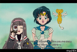  2girls :d bishoujo_senshi_sailor_moon black_hair black_shirt blue_choker blue_eyes blue_hair blunt_bangs camera cardcaptor_sakura choker closed_eyes creature crossed_arms crossover daidouji_tomoyo dark_blue_hair gloves hairband happy hisakawa_aya holding holding_camera kero_(cardcaptor_sakura) letterboxed long_hair long_sleeves looking_at_viewer magical_girl mizuno_ami multiple_girls open_mouth pink_hairband sailor_mercury sailor_senshi_uniform school_uniform shirt short_hair smile tadano_kazuko_(style) tam_(tam0804) tomoeda_elementary_school_uniform twitter_username voice_actor_connection white_gloves 