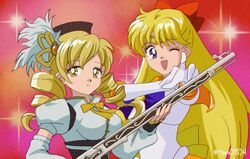  1990s_(style) 2girls aino_minako beret bishoujo_senshi_sailor_moon blonde_hair blue_eyes bow choker crossover detached_sleeves drill_hair elbow_gloves fingerless_gloves gloves hair_ornament hairbow hairpin hat itou_ikuko_(style) jewelry long_hair magical_girl mahou_shoujo_madoka_magica mahou_shoujo_madoka_magica_(anime) multiple_girls one_eye_closed orange_sailor_collar puffy_sleeves retro_artstyle sailor_collar sailor_senshi_uniform sailor_venus short_hair smile tam_(tam0804) tomoe_mami tomoe_mami_(magical_girl) twin_drills twintails weapon white_gloves yellow_bow yellow_eyes 