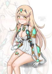  bare_legs bare_shoulders blonde_hair blush breasts chascoby chest_jewel cleavage dress earrings female gem gloves headpiece highres jewelry large_breasts long_hair looking_at_viewer mythra_(xenoblade) short_dress sitting solo swept_bangs tiara very_long_hair white_dress xenoblade_chronicles_(series) xenoblade_chronicles_2 yellow_eyes 