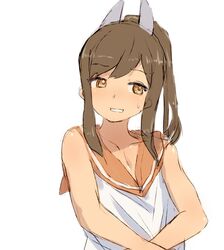  alchera brown_eyes brown_hair female hair_ornament hairclip i-401_(kancolle) kantai_collection looking_to_the_side orange_sailor_collar ponytail sailor_collar sailor_shirt shirt simple_background sleeveless sleeveless_shirt solo tan upper_body white_background 