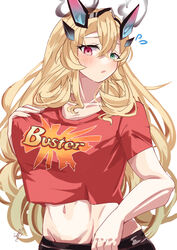  bad_id bad_pixiv_id barghest_(fate) blonde_hair blush breasts buster_shirt cleavage collarbone crop_top crop_top_overhang fate/grand_order fate_(series) female green_eyes heterochromia highres horns large_breasts long_hair looking_at_viewer midriff navel open_mouth red_eyes red_shirt shirt short_sleeves solo tsuyuki_yuki 