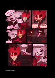  2boys 4_arms alastor_(hazbin_hotel) angel_dust_(hazbin_hotel) annoyed bent_over bowtie chest_tuft choker closed_eyes clothed comic deer demon detailed_background hazbin_hotel horns looking_down male male_only orias_art page_2 red_hair sharp_teeth smile smiling spider text thighhighs vivienne_medrano white_body white_hair 