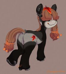  accessory black_body dock_(anatomy) earth_pony equid equine fan_character female feral grey_body hair hair_accessory hair_over_eyes hasbro hi_res hooves horse horseshoe inner_ear_fluff leaf looking_back mammal my_little_pony pony smile solo tail tuft white_body zephyrsplume 