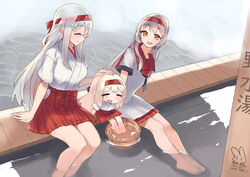  3girls :d =_= ^_^ alternate_costume artist_name ashiyu blush brown_eyes closed_eyes dated foot_bath hair_between_eyes hakama hakama_short_skirt hakama_skirt headband japanese_clothes kantai_collection long_hair multiple_girls multiple_persona open_mouth red_hakama red_headband sensen short_sleeves shoukaku_(kancolle) signature skirt smile soaking_feet wavy_hair 