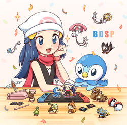  :d azelf beanie bidoof black_shirt blush budew buneary chimchar commentary_request confetti dawn_(pokemon) female game_cartridge hair_ornament hairclip handheld_game_console hat highres kino_(jewell_chang) long_hair mesprit minimized nintendo_ds nintendo_switch open_mouth piplup pokemon pokemon_(creature) pokemon_bdsp red_scarf rotom rotom_(normal) scarf shinx shirt sleeveless sleeveless_shirt smile stylus table tongue turtwig uxie white_headwear wrench 