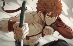  1boy absurdres blood blood_from_mouth blood_on_face emiya_shirou fate/grand_order fate_(series) fighting_stance frown highres holding holding_sword holding_weapon igote katana male_focus okonon_(kado_colda) orange_hair planted planted_sword senji_muramasa_(fate) serious solo sword toned upper_body weapon yellow_eyes 