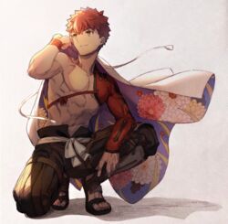  1boy absurdres emiya_shirou fate/grand_order fate_(series) highres igote looking_to_the_side male_focus okonon_(kado_colda) orange_hair red_hair senji_muramasa_(fate) short_hair smile solo squatting sword toned toned_male weapon wind yellow_eyes 