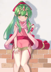  absurdres bracelet closed_mouth dress female fire_emblem fire_emblem:_mystery_of_the_emblem green_eyes green_hair hako_momiji highres jewelry long_hair pink_dress pointy_ears ponytail short_dress sitting smile solo tiara tiki_(fire_emblem) tiki_(young)_(fire_emblem) 