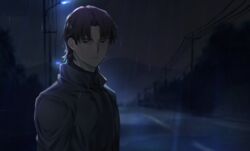  1boy brown_hair dark fate/grand_order fate_(series) highres jewelry kotomine_kirei male_focus necklace night night_sky okonon_(kado_colda) rain short_hair sky solo upper_body wet wet_hair 