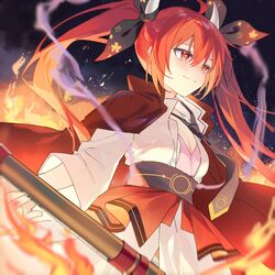  black_background black_necktie breasts commentary date_a_live female fire highres horns itsuka_kotori large_breasts looking_at_viewer necktie red_eyes red_hair shirt solo twintails white_horns white_shirt yunweishukuang 