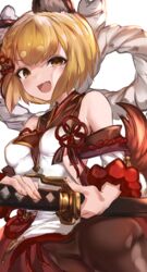  absurdres animal_ears bare_shoulders blonde_hair blush breasts detached_sleeves dog_ears dog_tail erune female granblue_fantasy highres katana maou_(maoudaisukiya) medium_breasts oerba_yun_fang open_mouth pantyhose short_hair smile solo sword tail thick_eyebrows vajra_(granblue_fantasy) weapon wide_sleeves yellow_eyes 