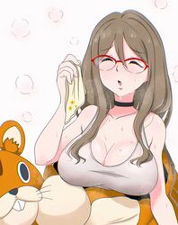  :o animal_costume bare_shoulders black_choker breasts brown_hair choker cleavage closed_eyes collarbone commentary_request costume female glasses hair_between_eyes handkerchief highres holding holding_handkerchief hot large_breasts long_hair lycoris_recoil mascot_costume nakahara_mizuki osage_gankyou over-rim_eyewear red-framed_eyewear semi-rimless_eyewear shirt solo steam sweat very_sweaty white_shirt 