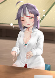  ahoge bad_id bad_pixiv_id blush bra_slip breasts cleavage comb commentary dazed female hair_ribbon hayanami_(kancolle) holding holding_comb kantai_collection ne_an_ito no_panties one_eye_closed open_clothes open_shirt purple_hair ribbon shirt short_hair sidelocks sitting small_breasts solo tatami white_ribbon white_shirt yellow_eyes 