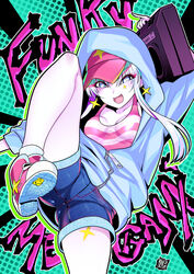  :d artist_logo bare_legs baseball_cap blue_eyes boombox breasts cowboy_shot denim denim_shorts earrings female goddess_(ansatsu_kizoku) green_background hat hat_under_hood holding_boombox hood hood_up hoodie jewelry leg_up looking_at_viewer medium_breasts multicolored_hair open_mouth pinky_out polka_dot polka_dot_background sekai_saikou_no_ansatsusha_isekai_kizoku_ni_tensei_suru shirt shoe_soles shoes short_shorts shorts sidelocks signature smile sneakers solo star_(symbol) star_earrings striped_clothes striped_shirt sumeragi_hamao tank_top white_hair zipper 