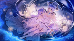  2girls ahoge artist_name azur_lane bare_shoulders barefoot blue_eyes breasts chinese_commentary commentary_request detached_sleeves dress elbow_gloves evening_gown from_side full_body garter_belt garter_straps gloves hug illustrious_(azur_lane) large_breasts long_hair looking_at_viewer majiang mole mole_under_eye multiple_girls no_shoes photoshop_(medium) purple_eyes purple_hair see-through sidelocks sitting small_breasts stuffed_animal stuffed_toy stuffed_winged_unicorn unicorn_(azur_lane) white_dress white_hair white_headwear 