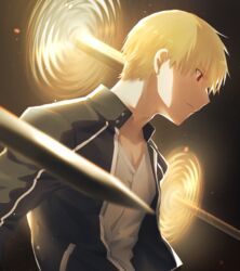  1boy black_shirt blonde_hair fate/stay_night fate_(series) fighting_stance from_side gate_of_babylon_(fate) gilgamesh_(fate) gilgamesh_(immoral_biker_jacket)_(fate) highres jewelry male_focus official_alternate_costume okonon_(kado_colda) polearm red_eyes serious shirt short_hair solo spear sword upper_body weapon 