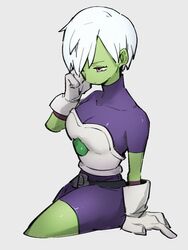  bodysuit breasts cheelai colored_skin commentary_request dragon_ball dragon_ball_super female gloves green_skin kemachiku looking_down medium_breasts pink_eyes purple_bodysuit short_hair sitting solo white_gloves white_hair 