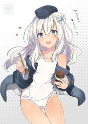  absurdres bad_id bad_twitter_id blue_eyes blush breasts commentary_request covered_navel female food fujiyama_ichiha garrison_cap hat heart highres holding holding_food holding_spoon ice_cream jacket kantai_collection long_hair long_sleeves looking_at_viewer one-piece_swimsuit open_clothes open_jacket open_mouth simple_background smile soft_serve solo spoon swimsuit swimsuit_under_clothes twitter_username u-511_(kancolle) white_hair white_one-piece_swimsuit 