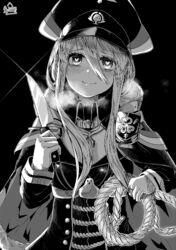  absurdres azur_lane bismarck_(azur_lane) blush breasts breath cleavage commentary_request female glint gloves greyscale hat heart heart-shaped_pupils highres holding holding_knife holding_rope knife large_breasts long_hair looking_at_viewer mikuri_kamazirou military military_hat military_uniform monochrome rope smile solo symbol-shaped_pupils uniform yandere 