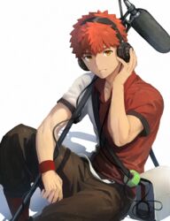  1boy absurdres alternate_costume brown_pants casual emiya_shirou fate/grand_order fate_(series) headphones highres looking_at_viewer male_focus microphone okonon_(kado_colda) pants red_hair senji_muramasa_(fate) short_hair smile solo thick_eyebrows white_background yellow_eyes 