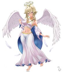  absurdres angel angel_wings barefoot blonde_hair blue_eyes blush breasts circlet covered_nipples crop_top detached_sleeves dress feathers female full_body gold halo highres jewelry large_breasts long_skirt midriff navel necklace original simple_background skirt smile t3x white_background white_skirt wings 