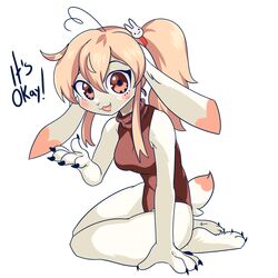  1:1 4_toes 5_fingers :3 absurd_res ahoge anthro barefoot big_eyes blonde_hair blush breasts brown_eyes claws clothed clothing comforting dialogue english_text feet female finger_claws fingers fur hair heart_ahoge heart_in_mouth hi_res hindpaw humanoid_hands kneeling lagomorph leotard leporid looking_at_viewer mammal open_:3 open_mouth open_smile paws pink_body pink_fur pink_hair ponytail psibunny rabbit reassuring scut_tail short_tail simple_background sleeveless_sweater sleeveless_turtleneck small_waist smile smiling_at_viewer soles solo tail talking_to_viewer text toe_claws toes topwear white_background white_body white_fur 