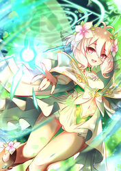  absurdres antenna_hair bad_id bad_pixiv_id bare_shoulders blush breasts clothing_cutout commentary_request dress eyes_visible_through_hair feet_out_of_frame female flower flower_ornament green_dress hair_between_eyes hair_flower hair_ornament hero_(10cl3) highres kokkoro_(princess)_(princess_connect!) kokkoro_(princess_connect!) looking_at_viewer magic_circle navel navel_cutout open_mouth outstretched_arm pink_flower princess_connect! princess_form_(princess_connect!) short_hair sleeveless small_breasts teeth upper_teeth_only white_flower 