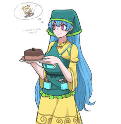  2girls absurdres apron blonde_hair blue_hair cake chocolate_cake double_bun dress eating english_text flower food hair_bun hair_ribbon haniyasushin_keiki head_scarf highres imagining jewelry joutouguu_mayumi long_hair magatama magatama_necklace mata_(matasoup) mg_mg multiple_girls name_connection necklace object_namesake plate pocket pun purple_eyes ribbon sash short_sleeves standing thought_bubble touhou very_long_hair white_ribbon wood_carving_tool yellow_dress 