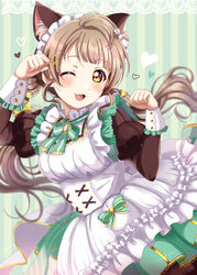  :3 :d ;d absurdres animal_ear_fluff animal_ears apron arms_up bow bowtie brown_hair cat_ears commentary dress extra_ears female frilled_dress frills green_background green_bow green_bowtie hair_ornament heart highres long_hair long_sleeves love_live! love_live!_school_idol_project maid maid_headdress minami_kotori one_eye_closed paw_pose puffy_sleeves ranemu smile solo striped striped_background wrist_cuffs x_hair_ornament yellow_eyes 