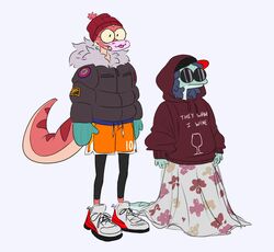  amphibia_(series) amphibian anthro blonde_hair blue_body blue_hair bottomwear clothing coat disney duo general_yunan hair hat headgear headwear hi_res hoodie kaeirou lady_olivia long_tail mask newt salamander shorts simple_background skirt sweater tail topwear white_background 