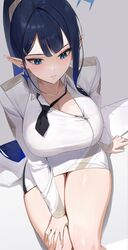  absurdres belt blue_archive blue_eyeliner blue_eyes breasts chochomi cleavage collarbone commentary cowboy_shot eyeliner female hair_ornament hairclip halo highres large_breasts long_hair makeup necktie pointy_ears ponytail rin_(blue_archive) sitting skirt sleeves_past_wrists solo thighs uniform white_belt white_skirt white_uniform 