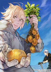  2boys black_gloves blonde_hair blue_eyes blue_sky commentary_request dirty dirty_face gloves jacket male_focus multiple_boys nansen_ichimonji official_art open_mouth potato shovel sinov_mimori sky slit_pupils smile sweat touken_ranbu track_jacket white_gloves white_hair yamanbagiri_chougi yellow_eyes 