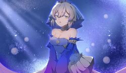  bare_shoulders blue_dress collar detached_collar detached_sleeves dress duel_monster female highres light_rays long_sleeves metal_collar parted_lips short_hair sky solo star_(sky) starry_sky strapless strapless_dress tearlaments_merrli teeth tiara upper_body veil white_hair yu-gi-oh! yumumu 