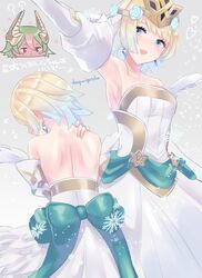  2girls arm_up armpits artist_name blonde_hair blue_eyes blue_hair bride bride_(fire_emblem) chibi chibi_inset crown dark-skinned_female dark_skin dress earrings fire_emblem fire_emblem_heroes fjorm_(bridal)_(fire_emblem) fjorm_(fire_emblem) from_behind gradient_hair green_hair grey_background highres horns jewelry laegjarn_(fire_emblem) multicolored_hair multiple_girls multiple_views open_mouth red_eyes sakuramotikun short_hair simple_background wedding_dress white_dress 