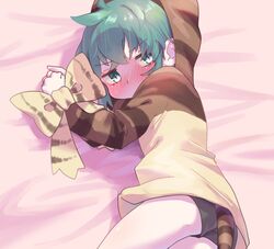  ass black_shorts blue_hair blush bound bound_wrists bow chicha_(chi_cha_rigbo) cowboy_shot embarrassed female green_eyes hood hoodie kemono_friends nose_blush on_bed print_hoodie short_hair shorts snake_print snake_tail solo tail tsuchinoko_(kemono_friends) 