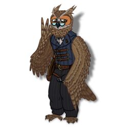  1:1 2021 alpha_channel avian beak belt belt_buckle bird black_beak black_bottomwear black_clothing black_pants blue_clothing blue_topwear blue_vest bottomwear brown_body brown_feathers brown_wings buckle clothed clothing collared_shirt crossbow digital_drawing_(artwork) digital_media_(artwork) dungeons_and_dragons eared_owl eyewear feathers flat_colors fully_clothed ghosts_of_saltmarsh glasses grey_body grey_feathers hasbro hi_res holster kymsnowman leather leather_clothing long-eared_owl male orange_body orange_feathers owl pants pattern_clothing portrait ranged_weapon rochester_swiftstream shadow simple_background solo standing striped_clothing stripes tail tail_feathers tools topwear transparent_background true_owl tuft vest weapon white_clothing white_topwear wings wizards_of_the_coast wrench yellow_eyes 