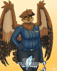  2022 4:5 5_fingers anthro artist_logo avian back_wings beak big_breasts big_wings bird blue_clothing blue_topwear bottomwear breasts brown_body brown_eyes brown_feathers brown_highlights cheek_tuft chest_tuft city_feathers claws clothing curvy_figure eyelashes eyewear facial_tuft feathers female fingers glasses gradient_background grey_beak grey_bottomwear grey_claws grey_clothing grey_pants half-closed_eyes hand_on_hip head_tuft hi_res highlights_(coloring) holding_eyewear holding_glasses holding_object horned_owl logo looking_at_viewer name_tag narrowed_eyes olivia_(sammfeatblueheart) owl pants pattern_clothing pattern_topwear sammfeatblueheart shaded signature simple_background solo speckled striped_clothing striped_feathers striped_topwear stripes tail tail_feathers topwear true_owl tuft voluptuous wing_tuft wings yellow_background yellow_belt_buckle yellow_sclera 