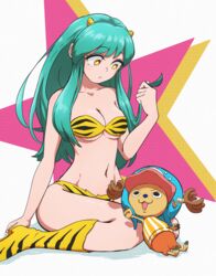  absurdres animal animal_print antlers antlers_through_headwear bare_shoulders bikini boots breasts cone_horns curious female full_body fur_bikini green_hair highres horns long_hair lum navel one_piece oni sitting solo strapless strapless_bikini swimsuit thighs tiger_print tony_tony_chopper urusei_yatsura wolkat yellow_bikini yellow_eyes yellow_horns 