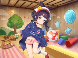  ball black_hair black_ribbon blue_eyes choker female hair_ornament henreader highres kindergarten kneehighs lamp midriff nihon&#039;ichi_norishige off_shoulder official_alternate_costume ribbon rocking_horse shorts soccer_ball socks solo tenka_hyakken white_legwear window wristband 