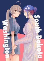  2girls ahoge alternate_costume blue_dress blue_hair character_name commentary_request cowboy_shot dress grey_eyes grey_hair hair_bun highres kantai_collection long_hair looking_at_viewer multiple_girls nidou red_hair single_hair_bun south_dakota_(kancolle) star_(symbol) two-tone_background washington_(kancolle) white_dress white_hair 